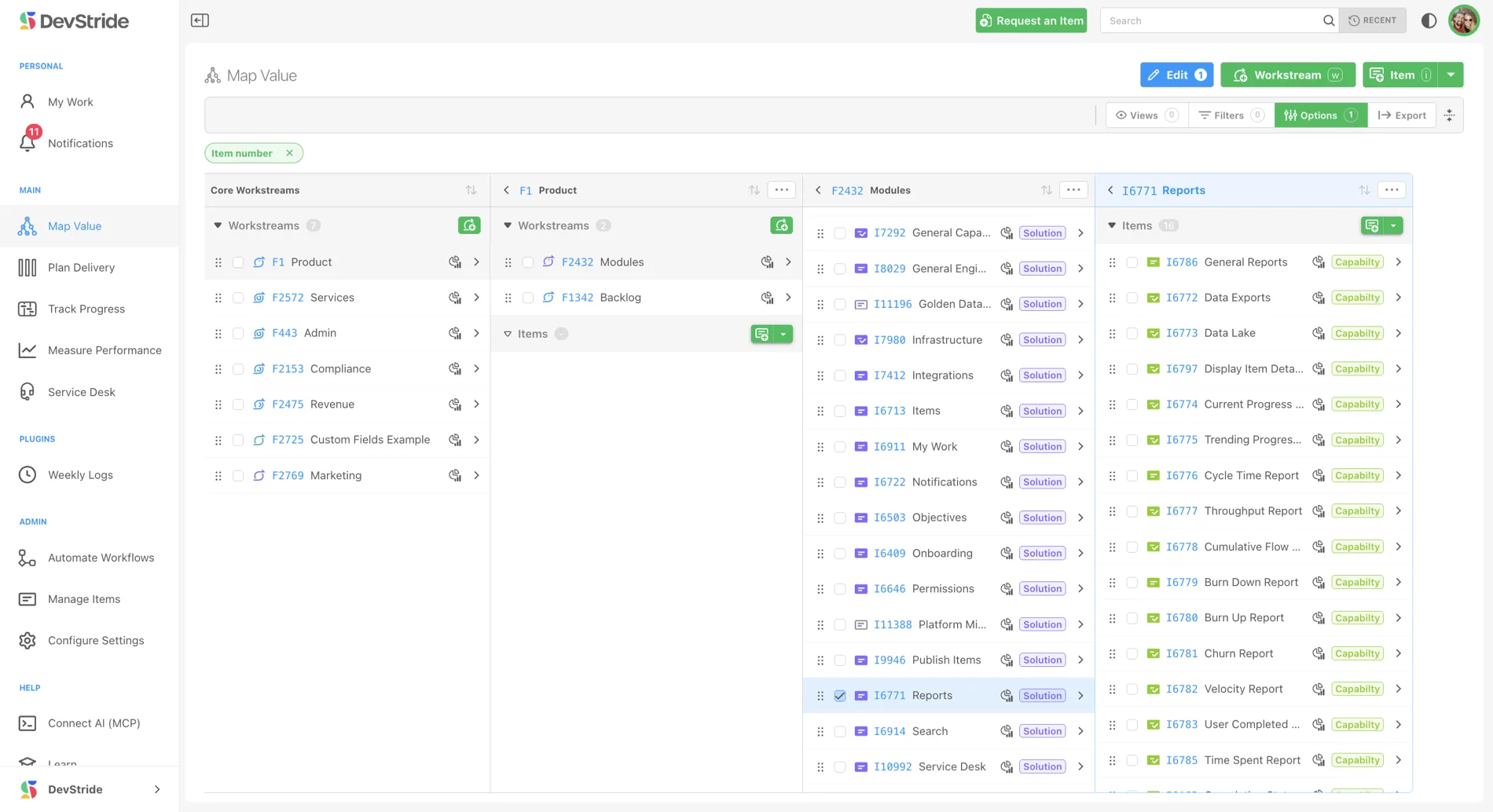 DevStride Map Value: the Core Workstreams map (Product, Services, Admin, Compliance, Revenue) drilling into Modules and Reports, all on one hierarchy