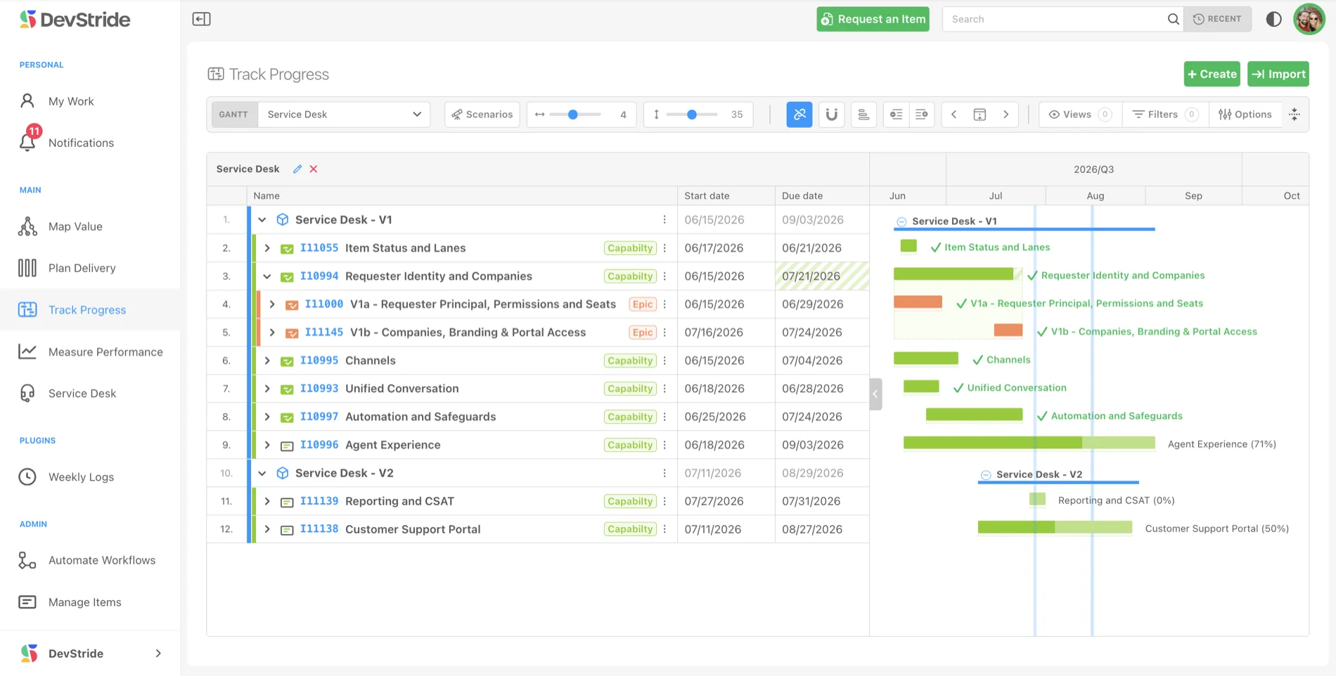 DevStride Track Progress: a Service Desk delivery plan on the gantt timeline, V1 capabilities complete and Agent Experience 71% in progress on real dates